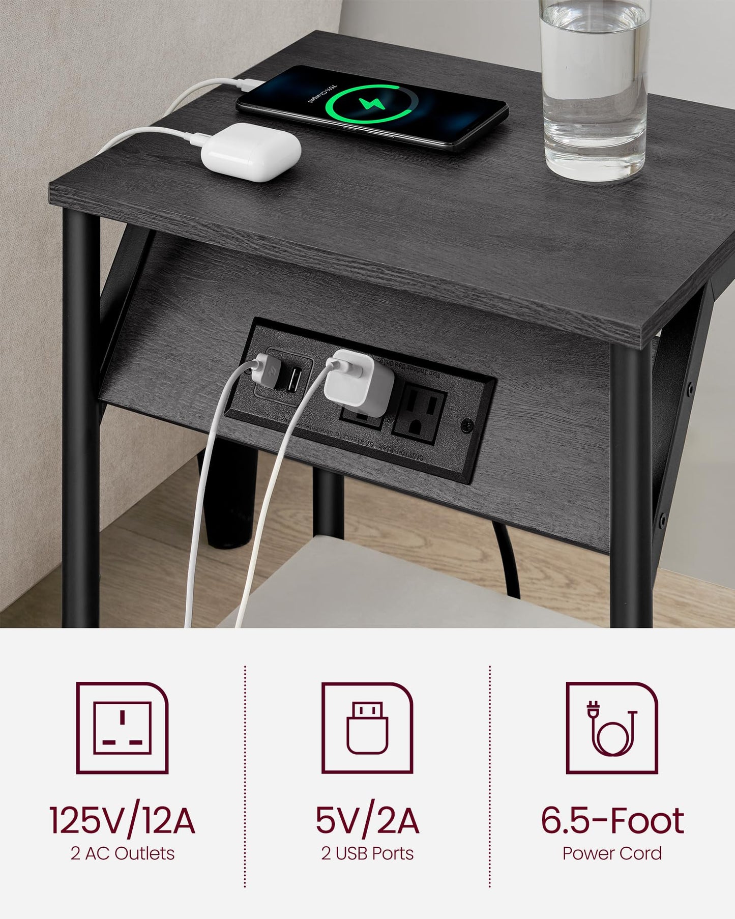 VASAGLE End Table with Charging Station, Set of 2, Small Side Tables for Living Room, Bedroom, Nightstand with Outlets and USB Ports, Bedside Table with Storage Shelf, Chestnut Brown and Black