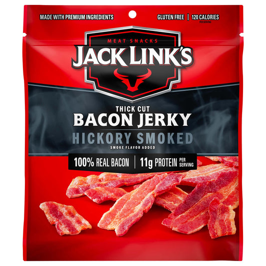 Jack Link's Bacon Jerky, Hickory Smoked, 2.5 oz. Bag - Flavorful Ready to Eat Meat Snack with 11g of Protein, Made with 100% Thick Cut, Real Bacon - Trans Fat Free (Packaging May Vary)