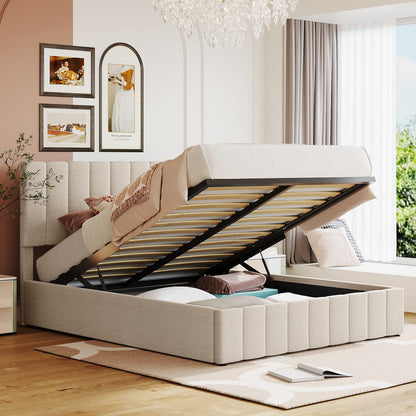 Merax Gas Lift Up Storage Platform Bed Frame Upholstered Queen Size beds with Tufted Headboard Wooden Slat Support and Under Bed Storage,Beige