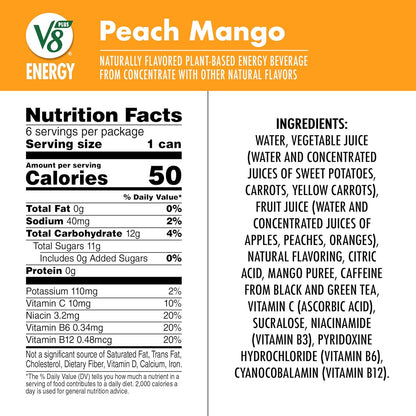 V8 +Energy Peach Mango Juice Energy Drink, 8 fl oz Can (6 Pack)