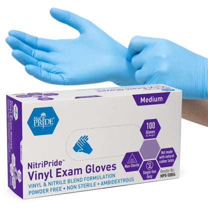 MED PRIDE NitriPride Nitrile-Vinyl Blend Exam Gloves, Medium 100 - Powder Free, Latex Free & Rubber Free - Single Use Non-Sterile Protective Gloves for Medical Use, Cooking, Cleaning & More