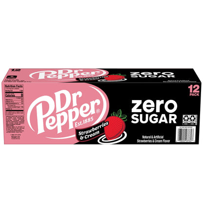 Dr Pepper Zero Strawberries and Cream Soda, 12 fl oz cans, 12 Pack