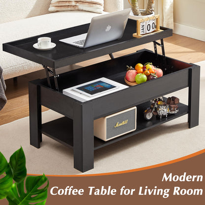 VECELO Lift Top Coffee Table with Storage Shelf and Hidden Compartment for Living Room/Office Reception, Black, Brown