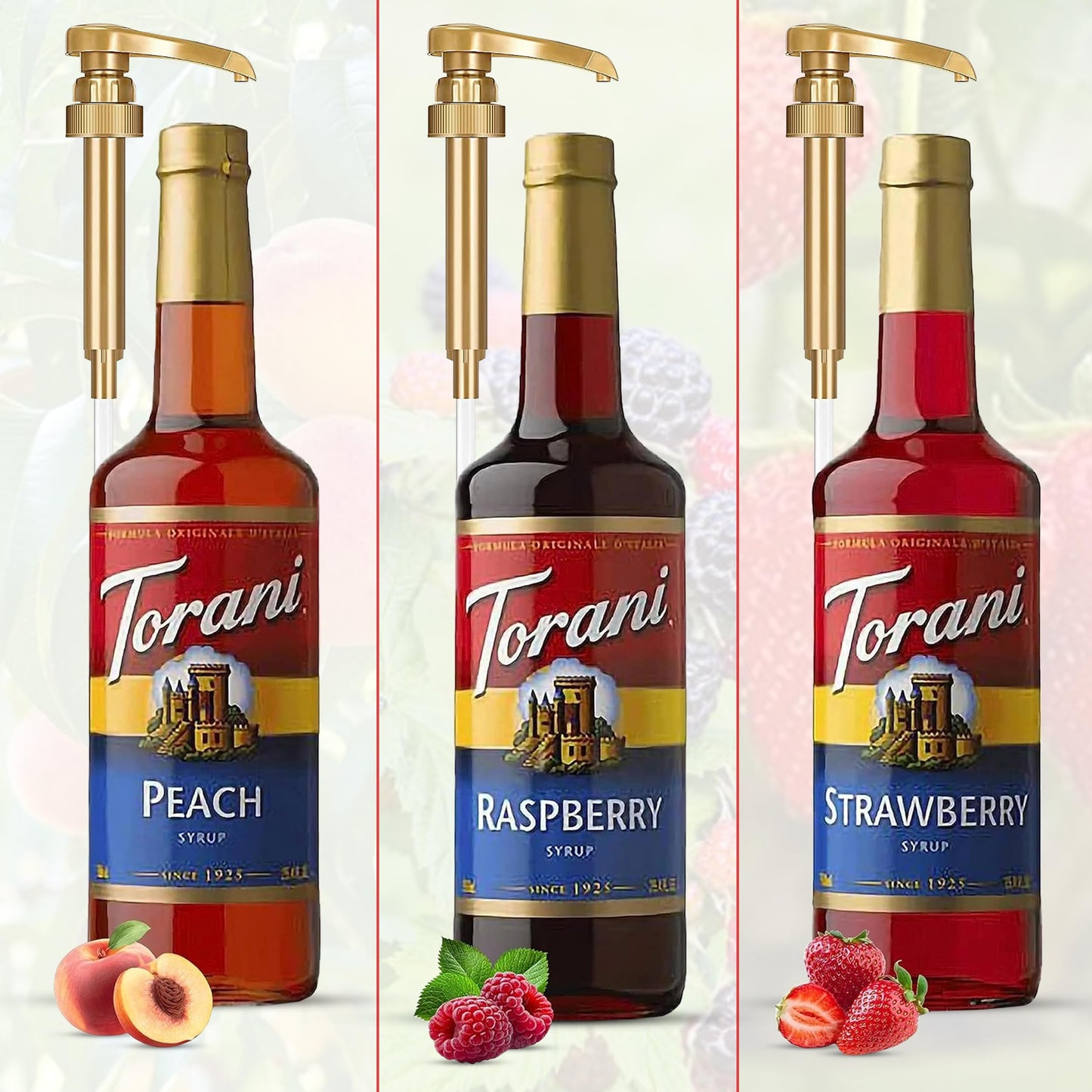 Torani Berry Lovers Raspberry, Strawberry, Blackberry - Syrup For Italian Soda Flavoring 3 Pack with 3 Jimoco Pump Dispensers