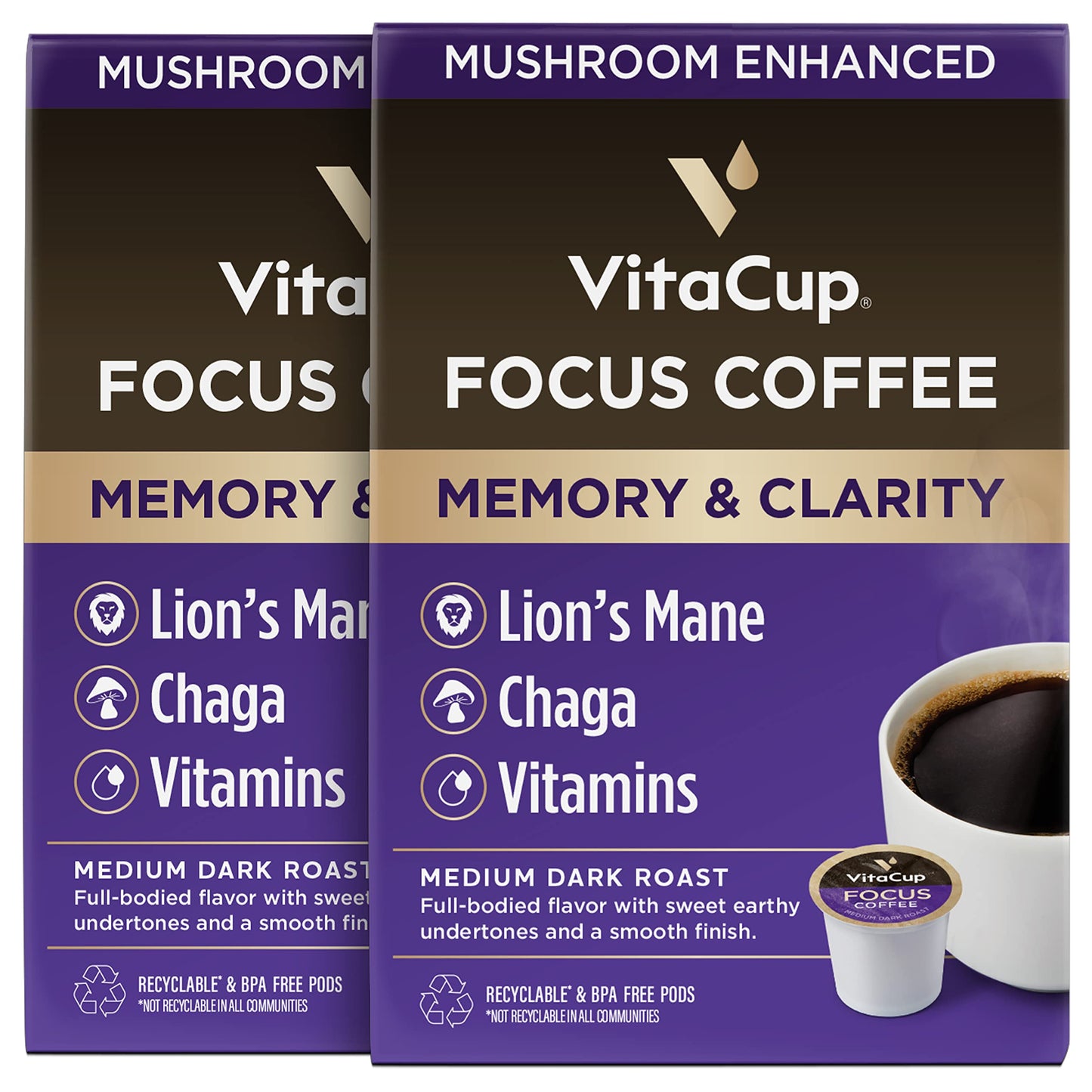 VitaCup Mushroom Coffee Pods - Boost Focus & Immunity with Lions Mane, Chaga, Vitamins, for Memory & Clarity, Recyclable K-Cup Pods, 16 Ct