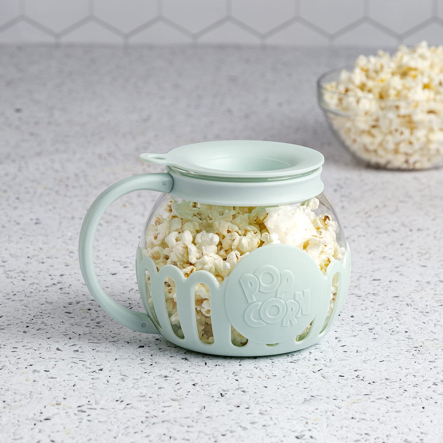 Ecolution Patented Micro-Pop Microwave Popcorn Popper with Temperature Safe Glass, 3-in-1 Lid Measures Kernels and Melts Butter, Made Without BPA, Dishwasher Safe, 3-Quart, Aqua