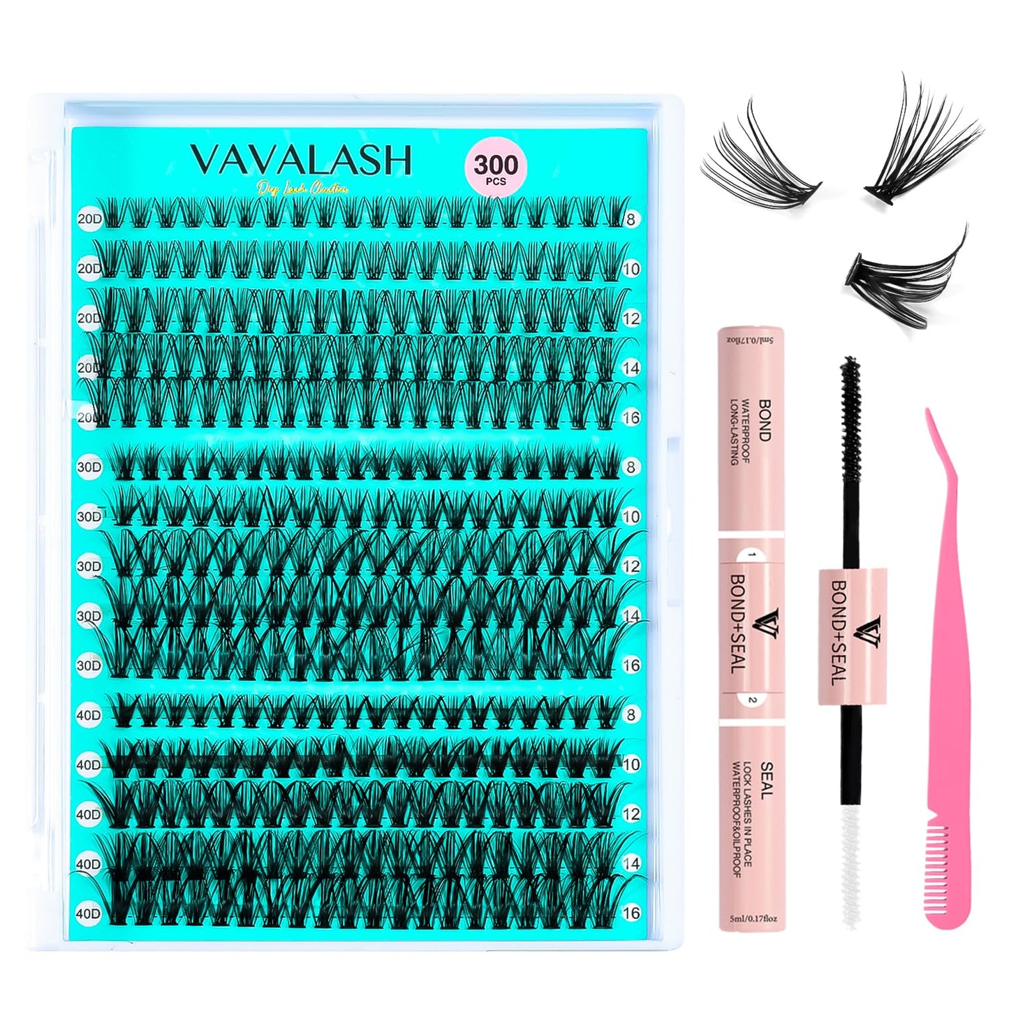 VAVALASH DIY Lash Extension Kit 280 Clusters Individual Lashes Kit 30D 40D 0.07D-10-16mm Lash Clusters, Lash Bond and Seal, Lash Tweezer for DIY Eyelash Extension at Home（Kit-30D+40D-0.07D-10-16MIX）