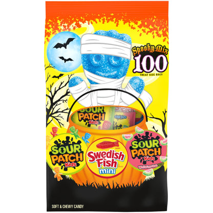 SOUR PATCH KIDS & SWEDISH FISH Mini Halloween Candy Variety Pack, Bulk Candy, 100 Trick or Treat Bags