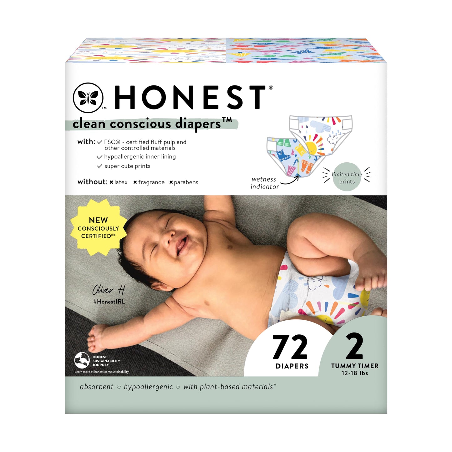 The Honest Company Clean Conscious Diapers | Plant-Based, Sustainable | Above It All + Pandas | Club Box, Size Newborn, 72 Count