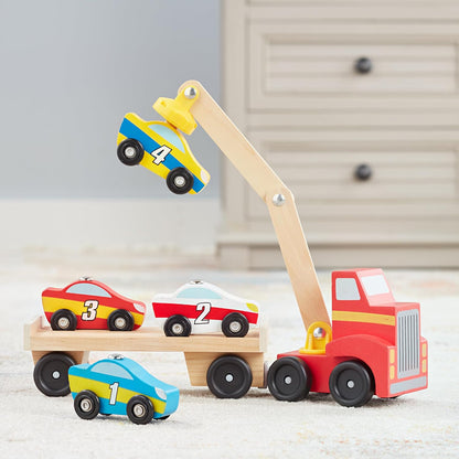 Melissa & Doug Magnetic Car Loader Wooden Toy Set With 4 Cars and 1 Semi-Trailer Truck