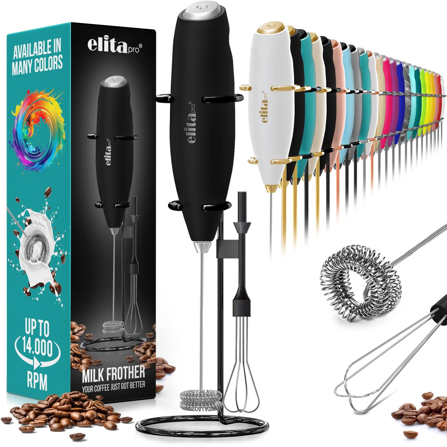 ElitaPro Powerful Milk Frother Wand - 2 in 1 Handheld Coffee Frother and Egg Beater - Mini Foam Maker With Stand - Whisk Drink Mixer & Foamer for Coffee, Latte, Matcha, Hot Chocolate (Exec Black)