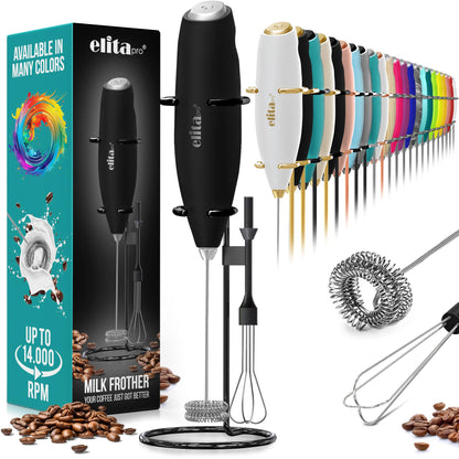 ElitaPro Powerful Milk Frother Wand - 2 in 1 Handheld Coffee Frother and Egg Beater - Mini Foam Maker With Stand - Whisk Drink Mixer & Foamer for Coffee, Latte, Matcha, Hot Chocolate (Exec Black)