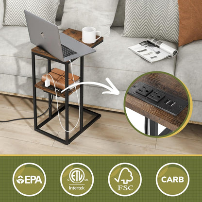 Yoobure C Shaped End Table with Charging Station for Living Room, Bedroom, Sofa Table with USB Ports and Outlets for Small Spaces, C Couch Rustic Snack Bed Table