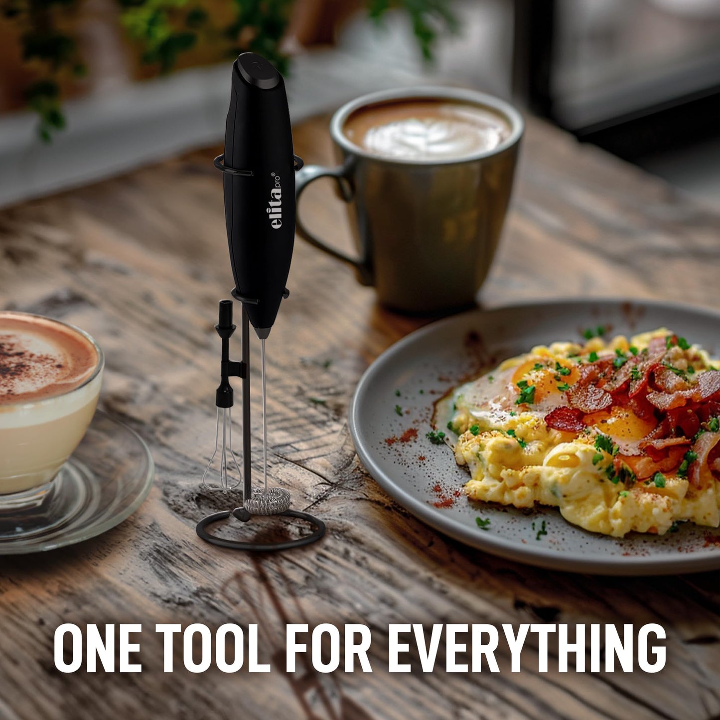 ElitaPro Powerful Milk Frother Wand - 2 in 1 Handheld Coffee Frother and Egg Beater - Mini Foam Maker With Stand - Whisk Drink Mixer & Foamer for Coffee, Latte, Matcha, Hot Chocolate (Exec Black)