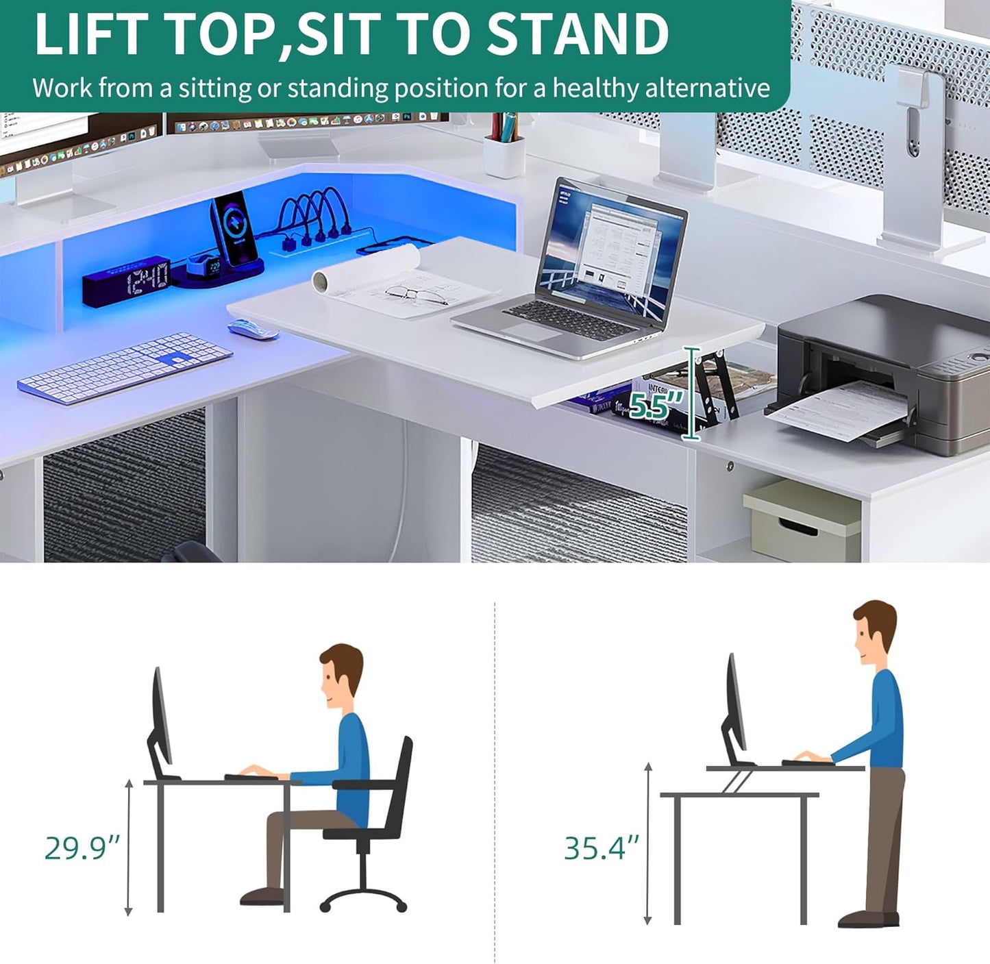 YITAHOME L Shaped Desk with Drawers, 60” Computer Desk with Power Outlets & Lift Top, Home Office Desk with File Cabinet & LED Lights, Height Adjustable Desk, White