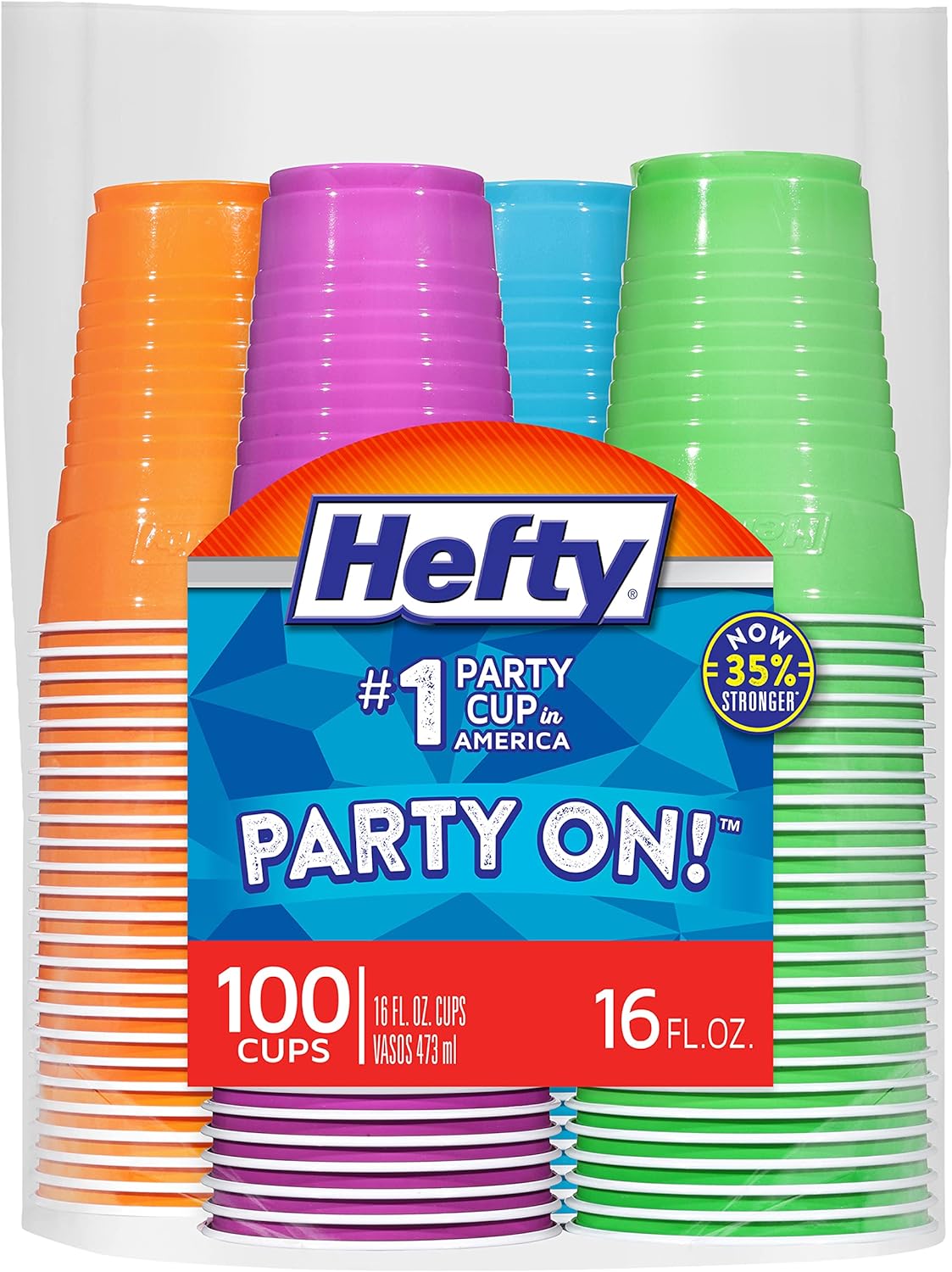 Hefty Party On Disposable Plastic Cups, Assorted, 16 Ounce, 100 Count