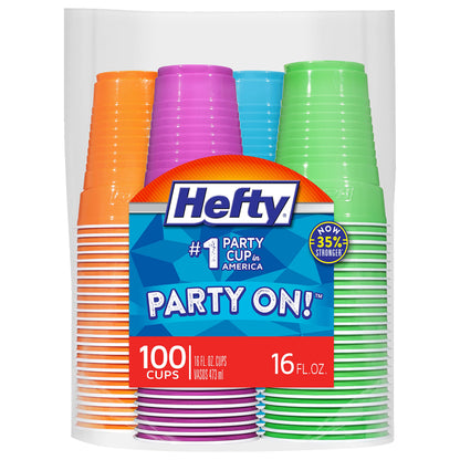 Hefty Party On Disposable Plastic Cups, Assorted, 16 Ounce, 100 Count