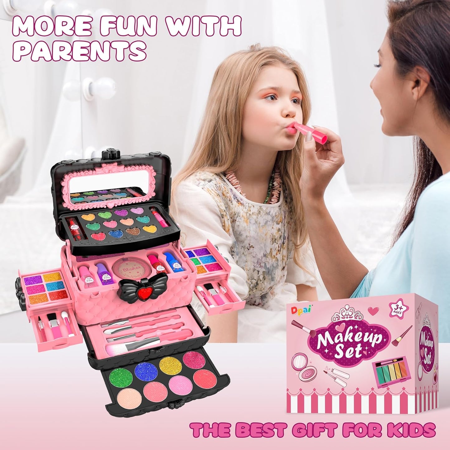 54 Pcs Kids Makeup Kit for Girls, Princess Real Washable Pretend Play Cosmetic Set Toys with Mirror, Non-Toxic & Safe, Birthday Gifts for 3 4 5 6 7 8 9 10 Years Old Girls Kids (Pink)