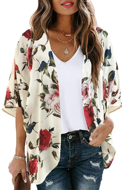 Women's Floral Print Puff Sleeve Kimono Cardigan Loose Cover Up Casual Blouse Tops