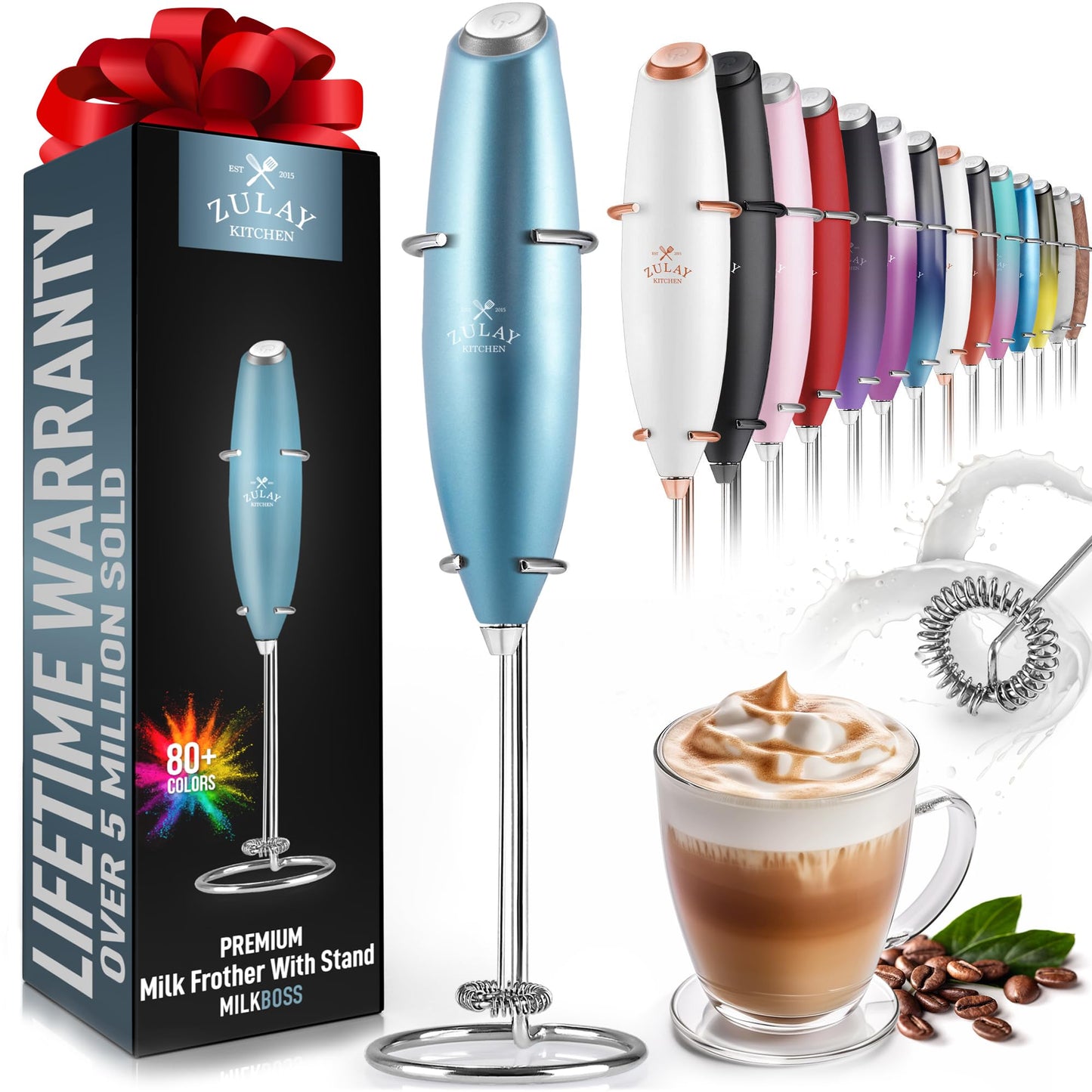 Zulay Powerful Milk Frother (4 Duracell Batteries Included) - Handheld Milk Frother Wand Drink Mixer for Coffee - Powerful Milk Foamer for Cappuccino, Frappe, Matcha & Coffee Creamer - Black