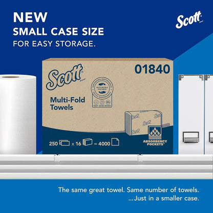 Scott® Multifold Paper Towels (01840), with Absorbency Pockets™, 9.2" x 9.4" sheets, White, Compact Case for Easy Storage, (250 Sheets/Pack, 16 Packs/Case, 4,000 Sheets/Case)