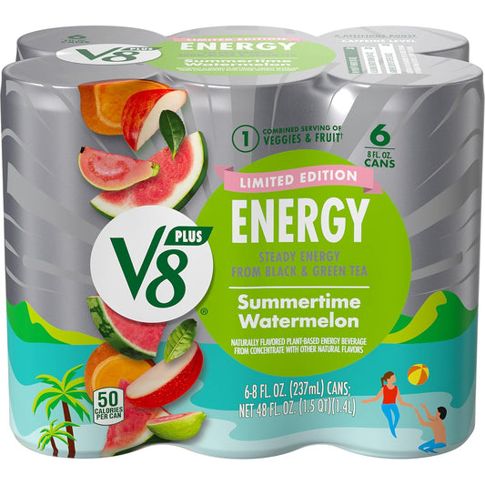 V8 +Energy Limited Edition Summertime Watermelon Juice Energy Drink, 8 fl oz Can (6 Pack)