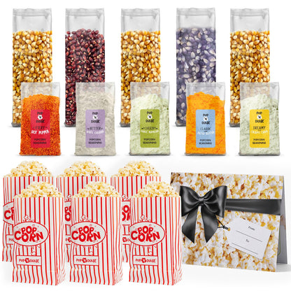 Popcorn Movie Night Supplies Popcorn Kernels Popcorn Seasoning 16 Pack, 5 Gourmet Popcorn Kernels, 5 Popcorn Seasoning Variety Packs Non-GMO Snacks, Includes 6 Bags, Gift Basket Idea