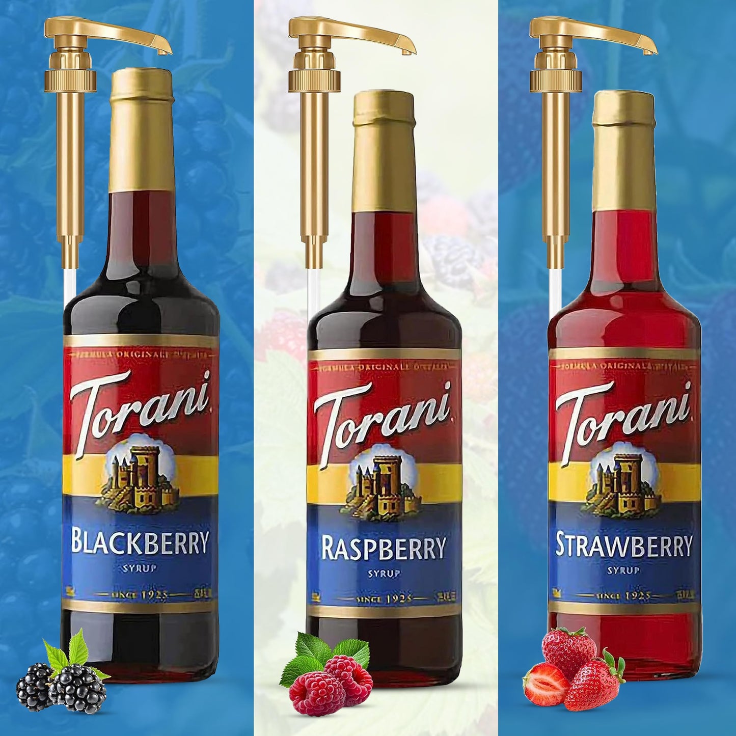 Torani Berry Lovers Raspberry, Strawberry, Blackberry - Syrup For Italian Soda Flavoring 3 Pack with 3 Jimoco Pump Dispensers