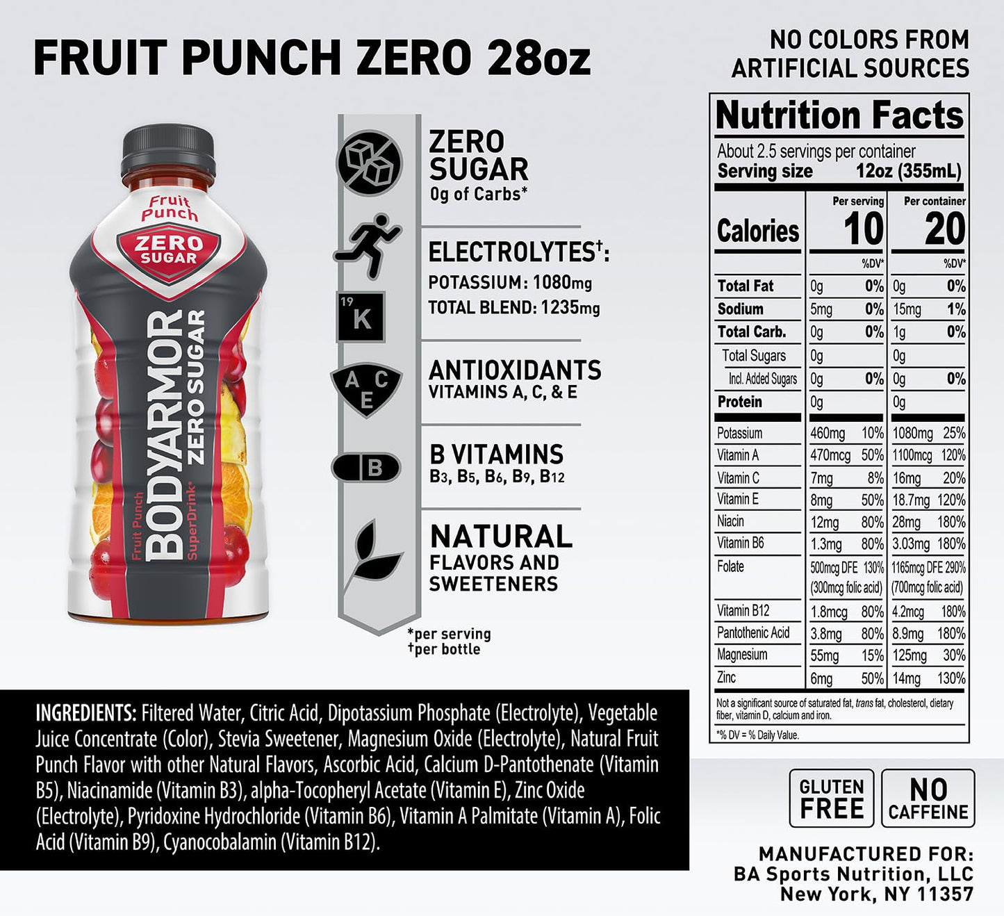 BODYARMOR ZERO Sugar Fruit Punch, Sugar Free Sports Drink - Low-Calorie Hydration - Natural Flavors with Potassium Packed Electrolytes, Antioxidants, and B-vitamins, 16 fl oz (pack of 12)