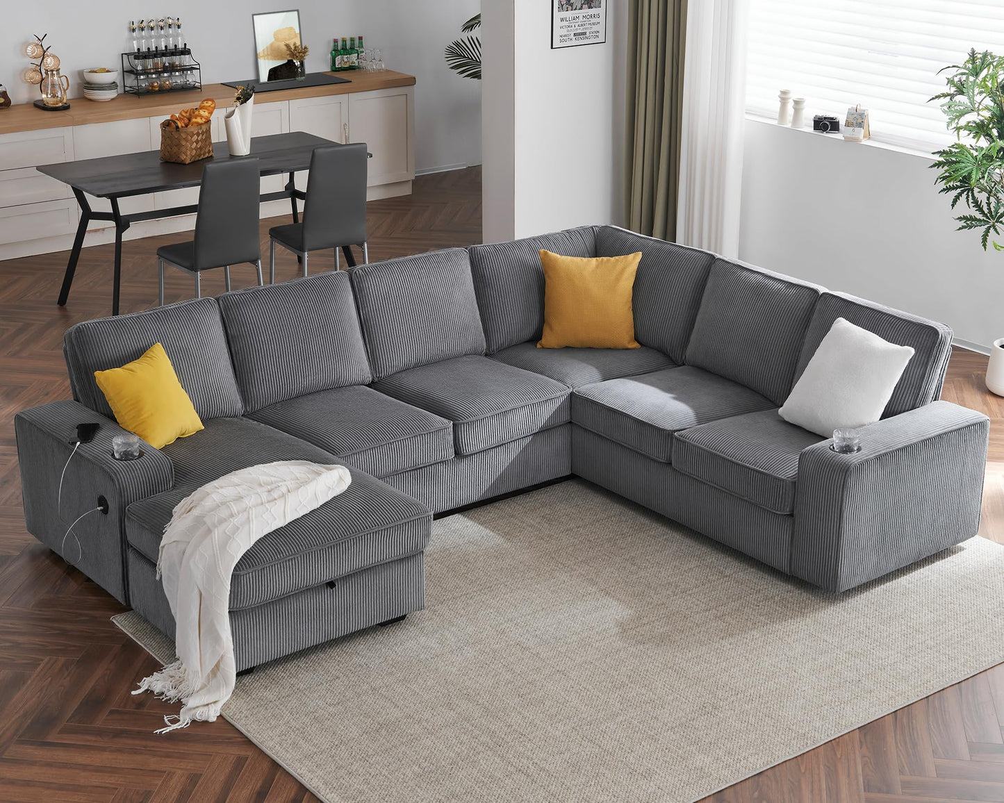 Oversized Sofa, 112 inch U Shaped Sofa with USB Ports, Sectional Sofa Couch with Storage Chaise, Corduroy Grey