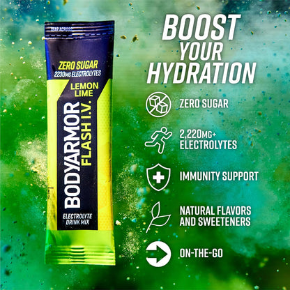 BODYARMOR Flash IV Electrolyte Packets, Strawberry Kiwi - Zero Sugar Drink Mix, Single Serve Packs, Coconut Water Powder (15 Count)