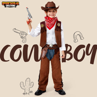 Spooktacular Creations Halloween Cowboy Costume for Boys, Kids Cowboy Costume Set, Brown Western Style Cowboy Outfit with Cowboy Hat for Toddler Dress-up, RolePlay Party (Small (5-7 YRS))