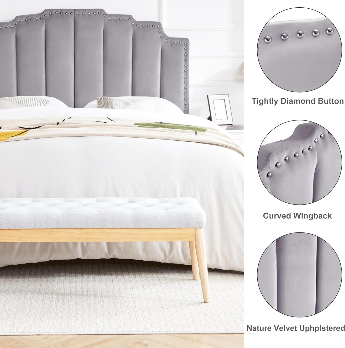 Kingfun Mid Century Headboard for Queen Size Bed, Velvet Upholstered Tufted Bed Headboard with Nailhead Decor, Adjustable Curved Solid Wood Head Board Vertical Channel Design (Medium Grey)