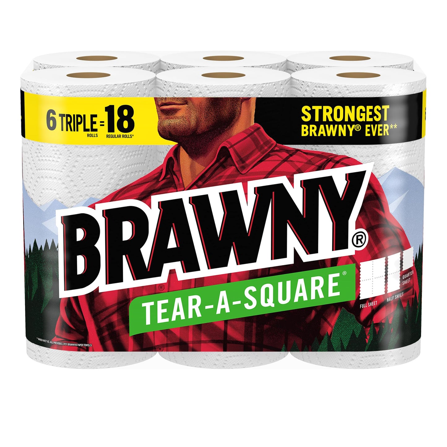 Brawny Tear-A-Square Paper Towels, 6 Triple Rolls = 18 Regular Rolls, 3 Sheet Sizes (Quarter, Half, Full), Strength for All Messes, Cleanups, and Meal Prep