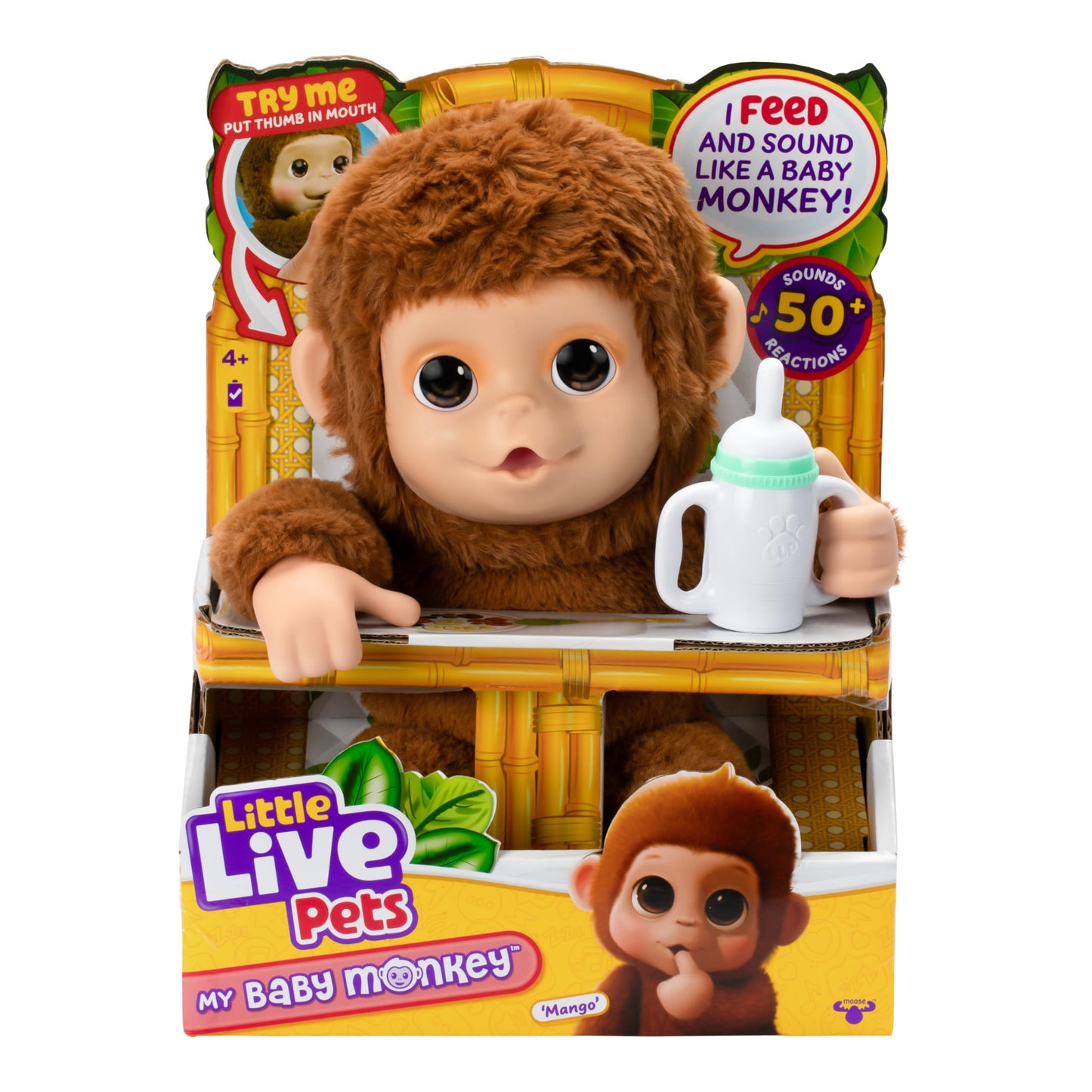 Little Live Pets My Baby Monkey - Adorable pet monkey with over 50 sounds & reactions. Expressive moving mouth. Mango sucks his thumb, feeds from his bottle, & hangs from his hands & feet!