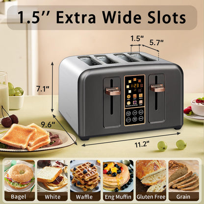 SEEDEEM Toaster 2 Slice, Stainless Toaster LCD Display&Touch Buttons, 50% Faster Heating Speed, 6 Bread Selection, 7 Shade Setting, 1.5''Wide Slot, Removable Crumb Tray, 1350W, Dark Metallic