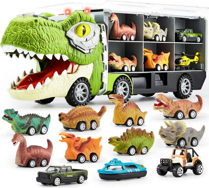 JOYIN 13 in 1 Dinosaur Toys for Kids 3-5, Dinosaur Truck with 12 Pull Back Cars, Dinosaur Cars Set, Birthday Gifts Toys for 3 4 5+ Year Old Boy, Transport Carrier Truck for Toddlers 2-4 Years