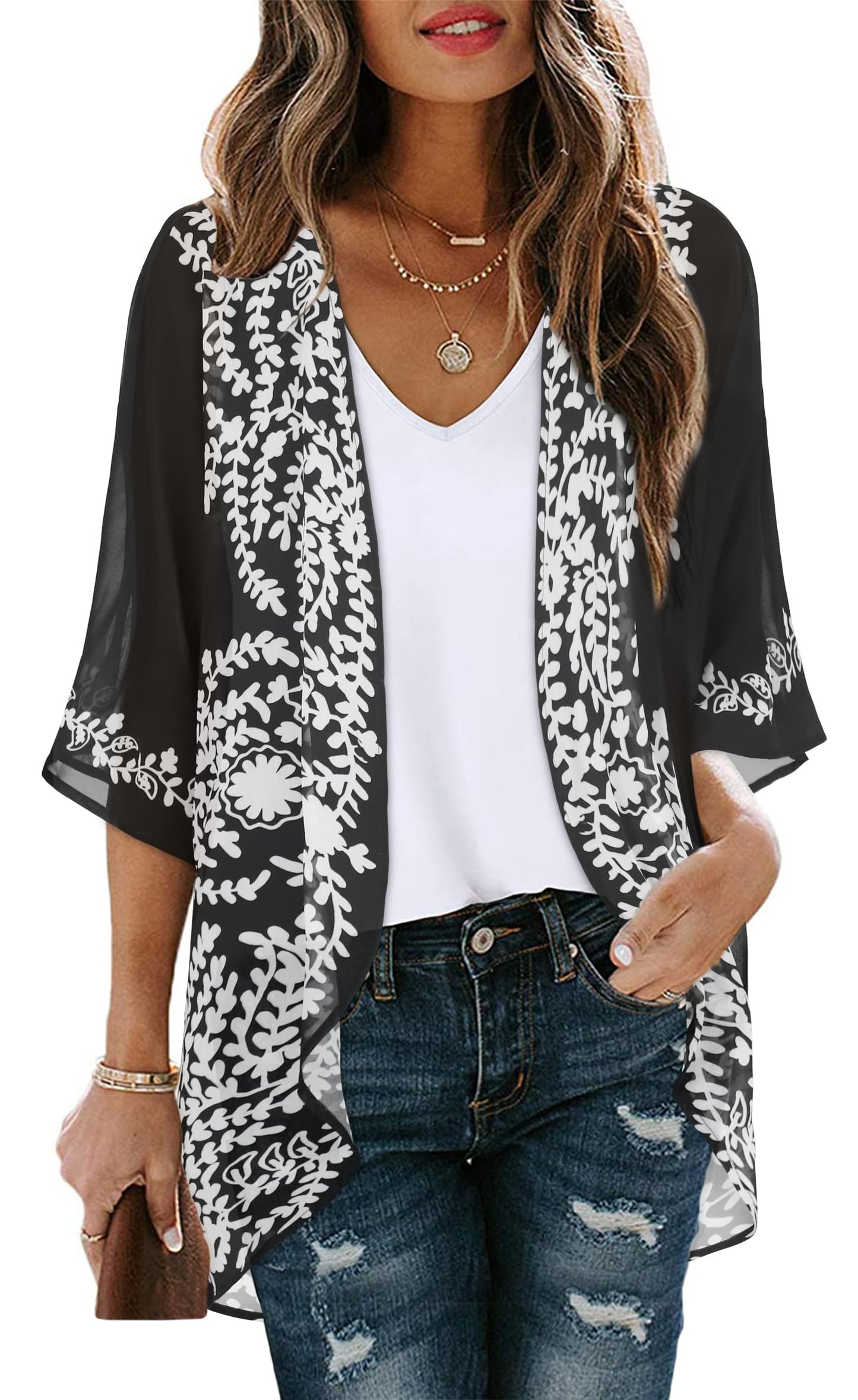 Women's Floral Print Puff Sleeve Kimono Cardigan Loose Cover Up Casual Blouse Tops