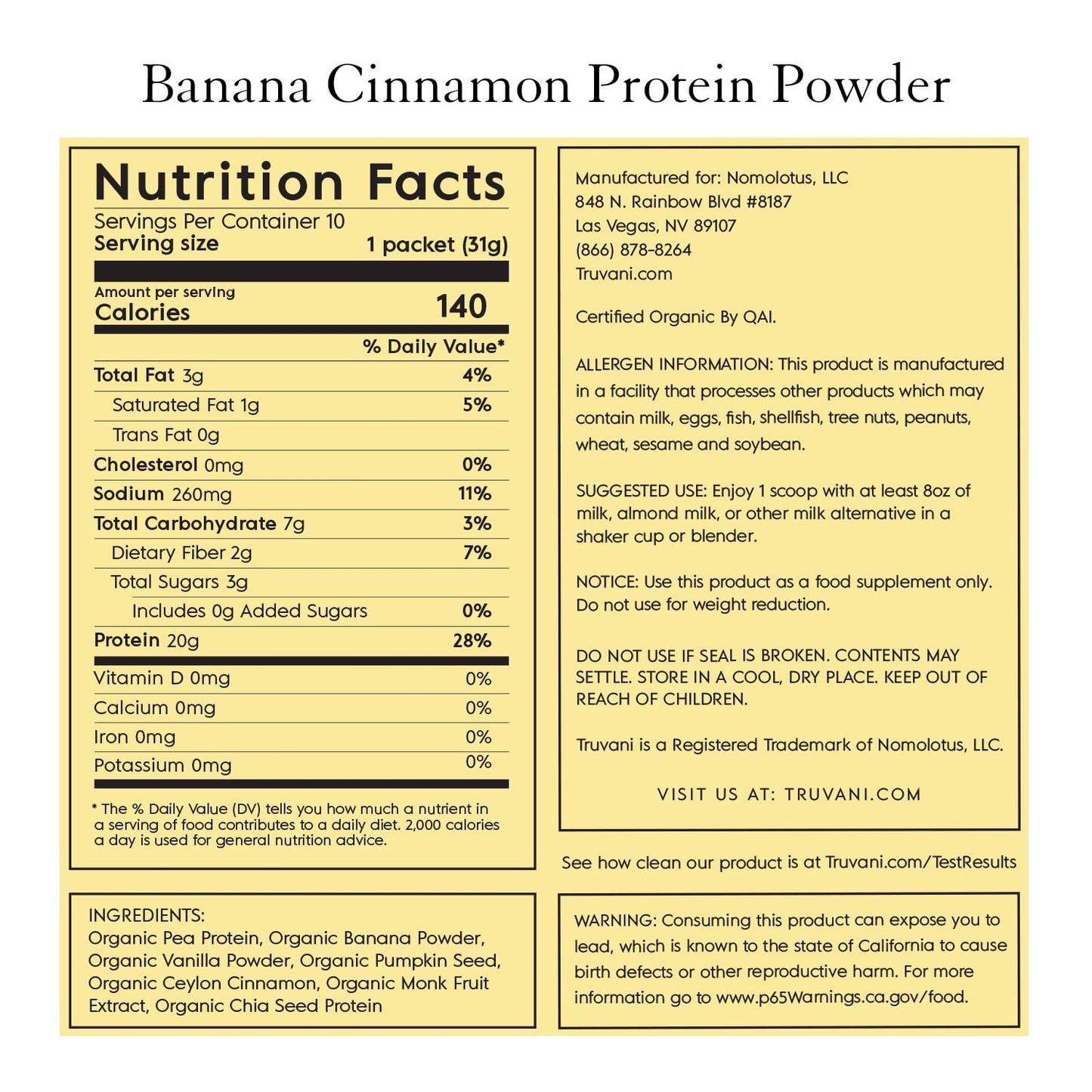 Truvani Vegan Pea Protein Powder | Banana Cinnamon | 20g Organic Plant Based Protein | 1 Serving | Keto | Gluten & Dairy Free | Low Carb | No Added Sugar