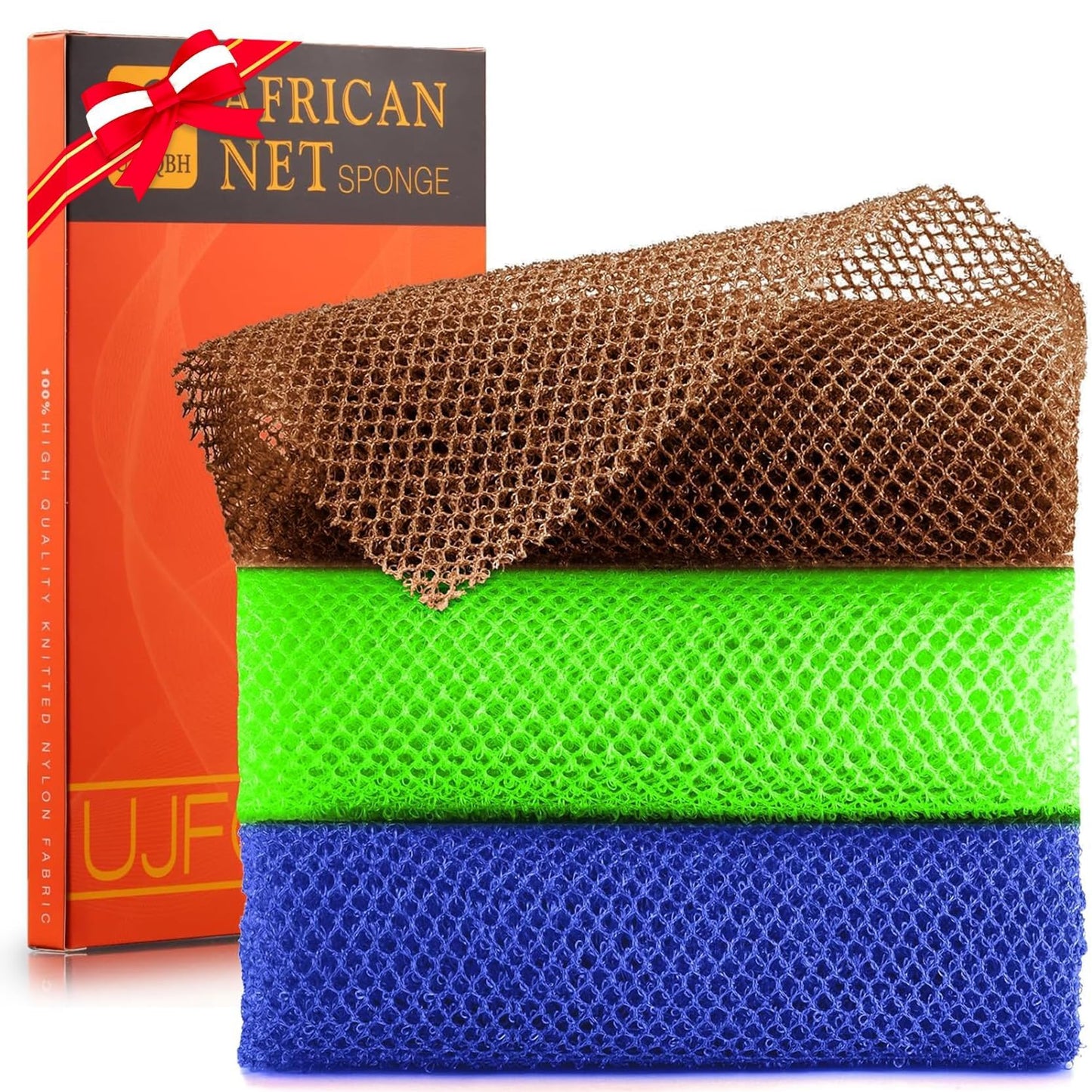 3 Pieces African Bath Sponge African Net Long Net Bath Sponge Exfoliating Shower Body Scrubber Back Scrubber Skin Smoother,Great for Daily Use (Black、Blue、Brown)