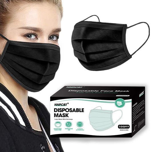 NNPCBT 100PCS 3 Ply Black Disposable Face Mask Filter Protection Face Masks