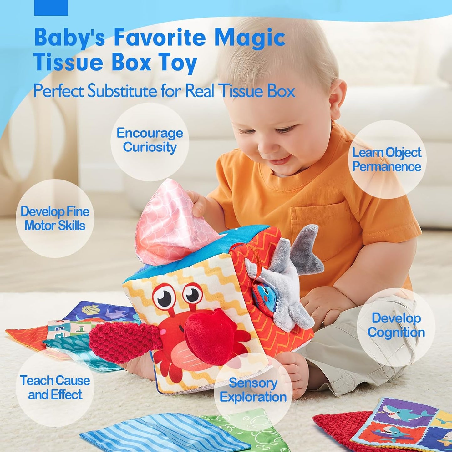 hahaland Baby Tissue Box Toy - Baby Toys 6-12 Months Montessori Toys for 6 Month Old Toys with Textured Tails, Cloth Tissues, Crinkle, Squeaky Sounds, Mirror - Baby Gifts Christmas Stocking Stuffers