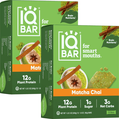 IQBAR Brain and Body Plant Protein Bars - Almond Butter Chip - 12 Count, Low Carb, High Fiber, Gluten Free, Vegan Snacks - Low Sugar Keto Energy Bars