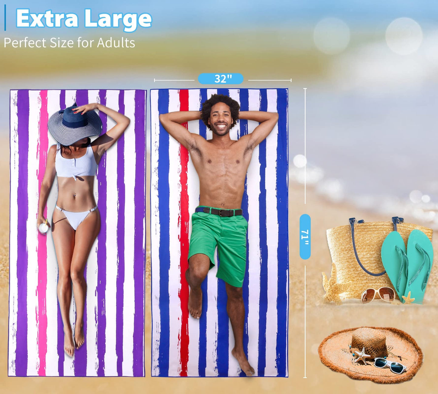 2 Pack Microfiber Oversized Lightweight Beach Towel 71"x32" XL Extra Large Thin Sand Free Towels Travel Swim Pool Yoga Gym Camping for Adults Women Men Beach Essentials Accessories Vacation Gift