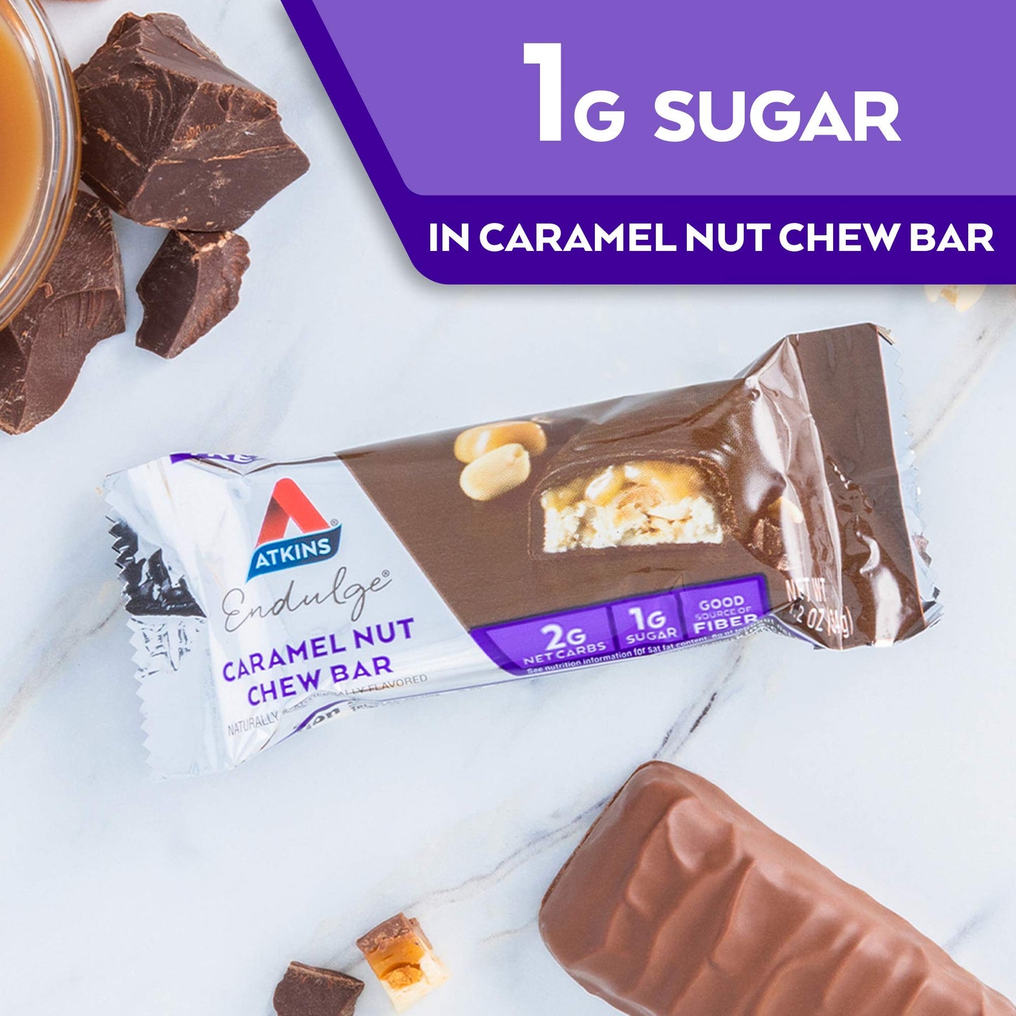 Atkins Endulge Caramel Nut Chew Bar, Dessert Favorite, 1g Sugar, Good Source of Fiber, Low Sugar, 10 Count