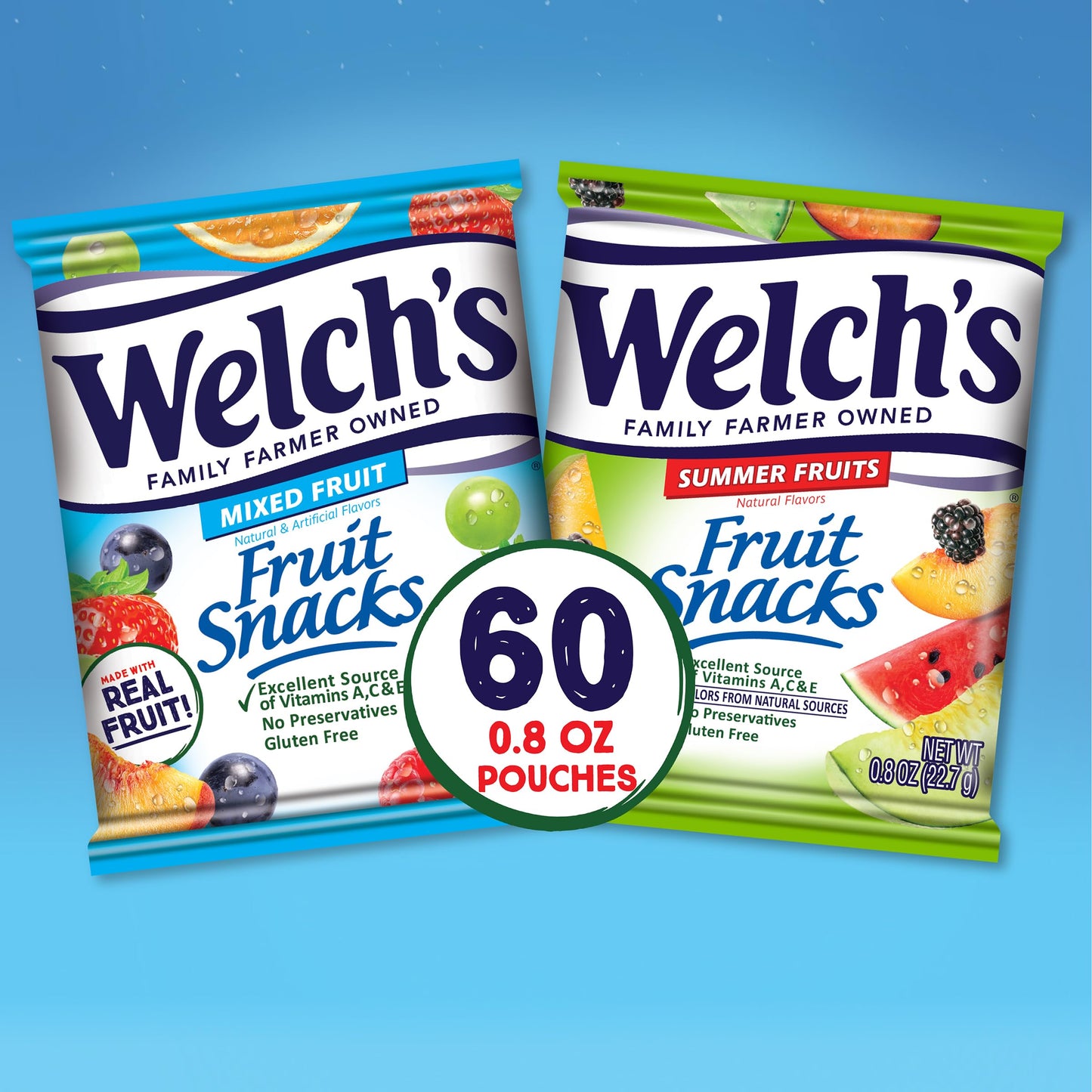 Welch's Fruit Snacks, Mixed Fruit & Berries 'N Cherries Bulk Variety Pack, Perfect for School Lunches, Gluten Free, 0.8 oz Individual Single Serve Bags (Pack of 60)