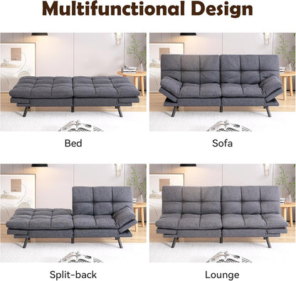 Futon Sofa Bed, Grey Linen Memory Foam Futon Sleeper Sofa Loveseat Convertible Couch Bed for Small Compact Living Spaces,Apartment