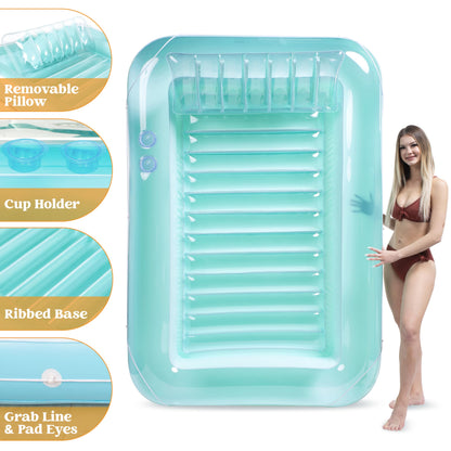 Sloosh Inflatable Tanning Pool Lounge Float, 70" x 46" Suntan Tub Raft Floatie, Tanning Pool with Pillow, Personal Pool Lounger for Adult Summer Water Party, L-Blue