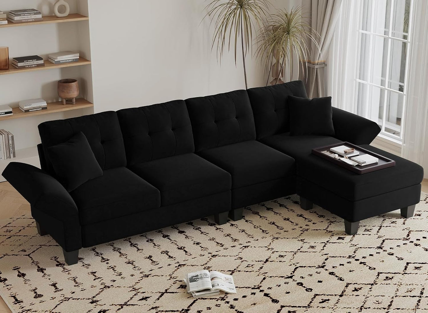 Belffin Convertible Sectional Couch Velvet L Shaped Sofa 4 Seat Sofa with Chaise L-Shaped Couches Reversible Sectional Sofa (Black, L Shaped Couch)