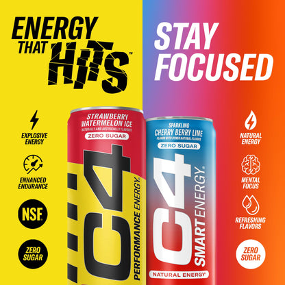 C4 Smart Energy Drink – Boost Focus and Energy with Zero Sugar, Natural Energy, and Nootropics - 200mg Caffeine - Cherry Berry Lime (12oz Pack of 12)